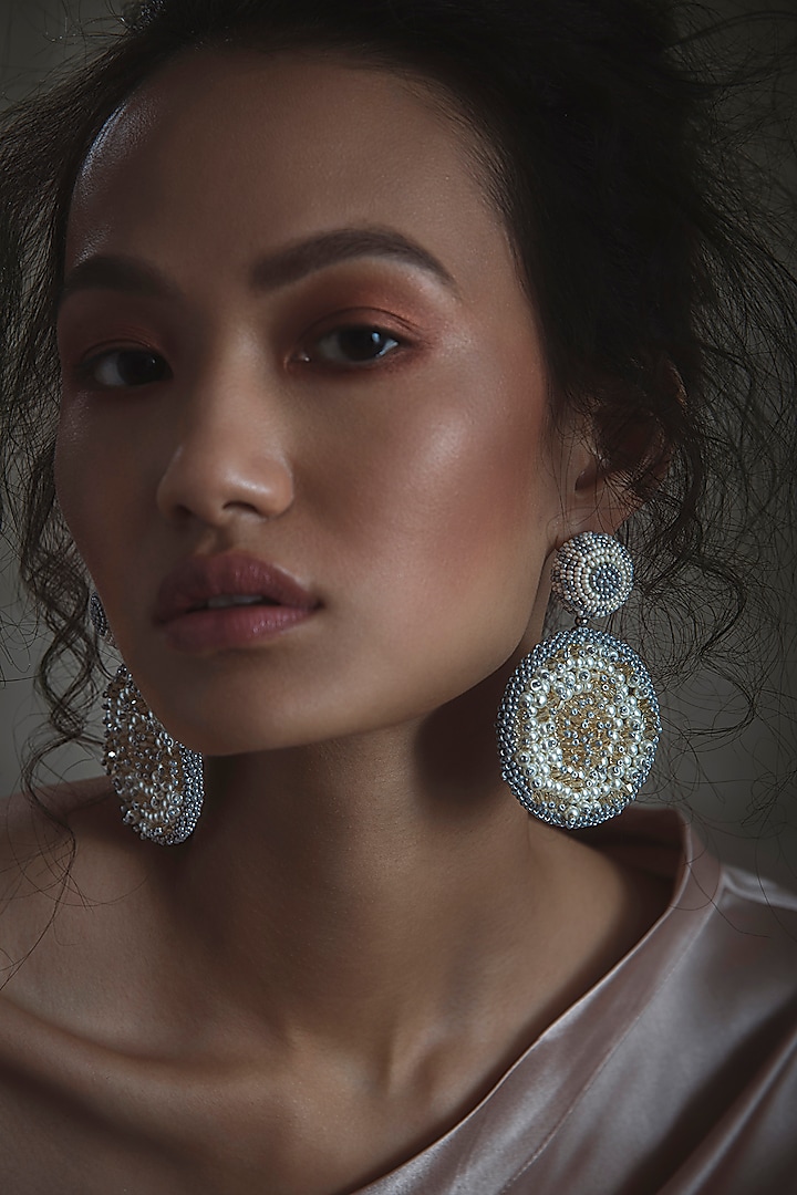 White Long Earrings With Glass Hand Embroidery by AMAMA