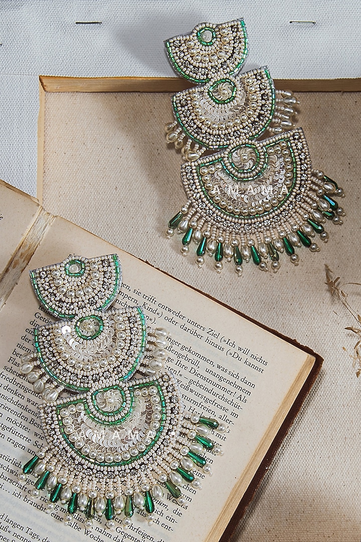 White & Green Glass Hand Embroidered Long Earrings by AMAMA at Pernia's Pop Up Shop