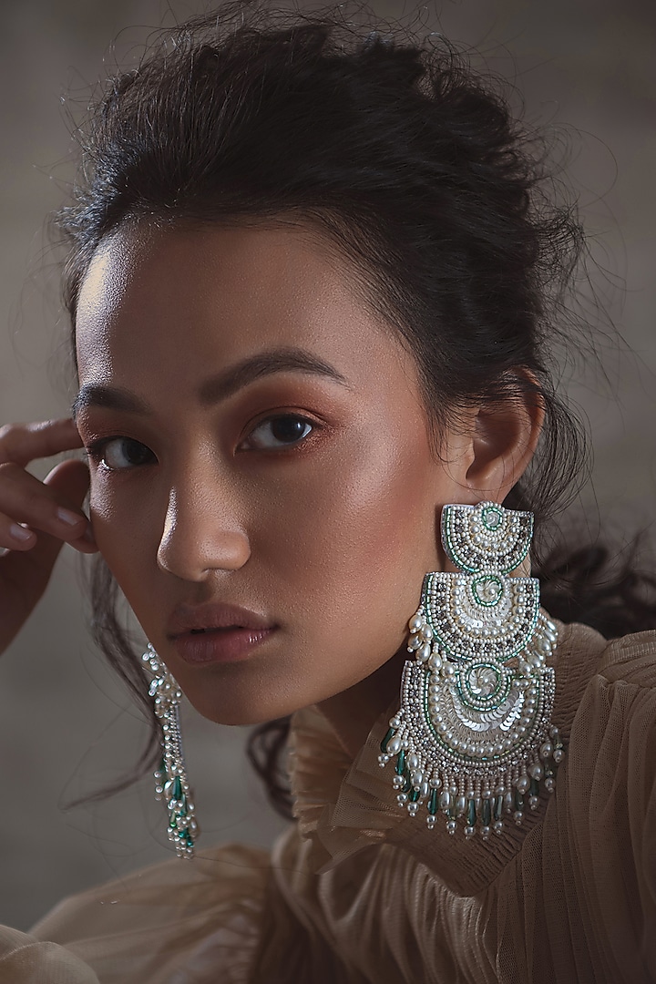 White & Green Glass Hand Embroidered Long Earrings by AMAMA at Pernia's Pop Up Shop