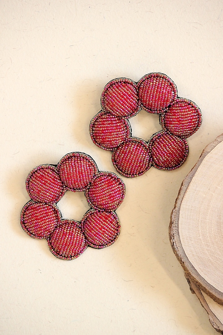 Red Glass Hand Embroidered Stud Earrings by AMAMA