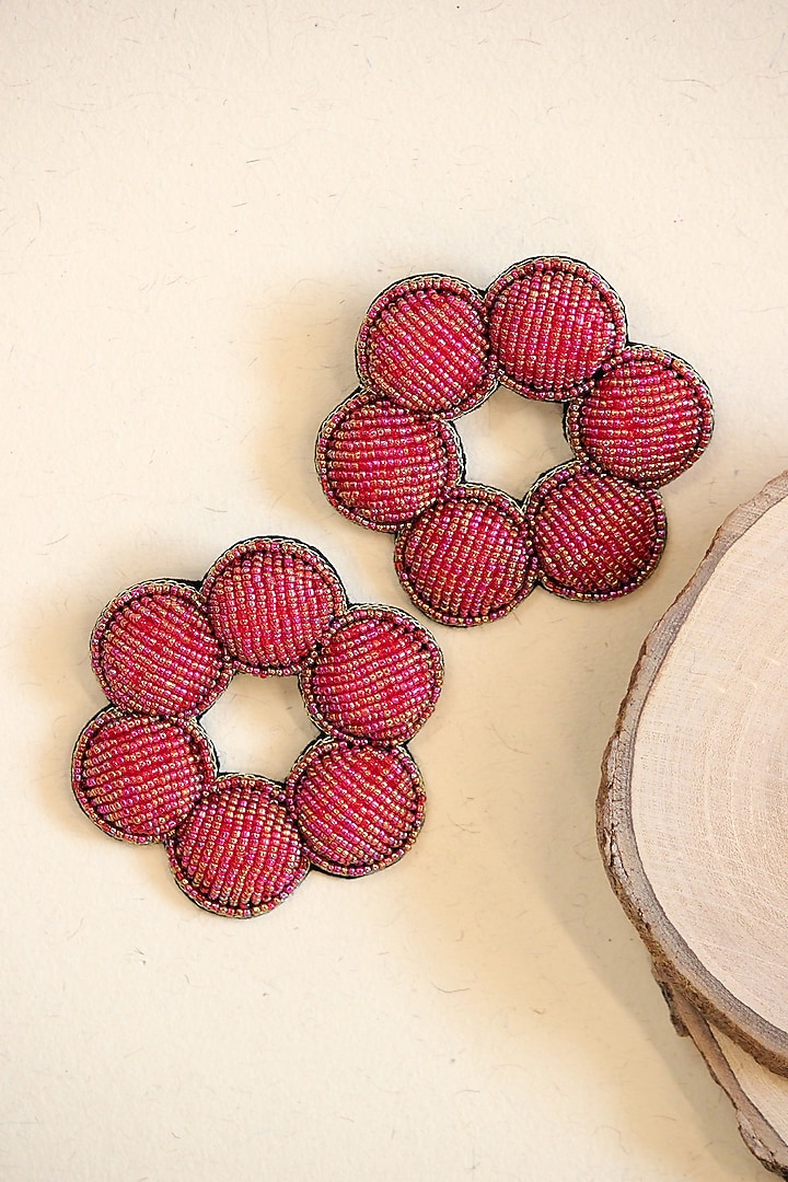 Red Glass Hand Embroidered Stud Earrings by AMAMA at Pernia's Pop Up Shop