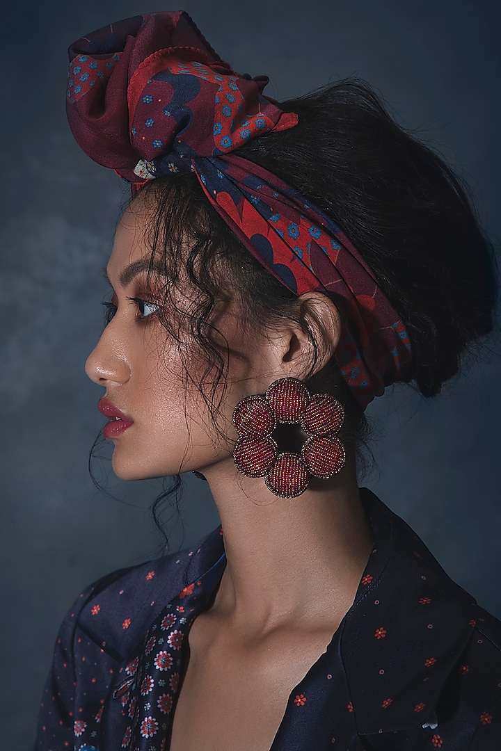 Red Glass Hand Embroidered Stud Earrings by AMAMA at Pernia's Pop Up Shop