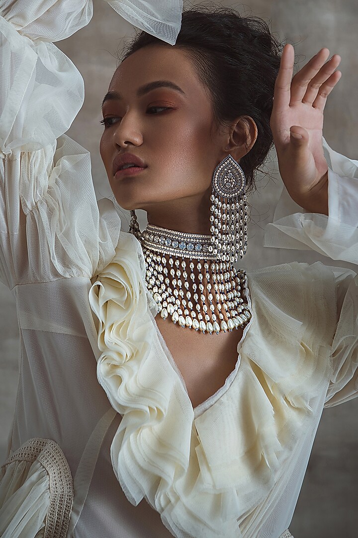 White Hand Embroidered Choker Necklace by AMAMA at Pernia's Pop Up Shop