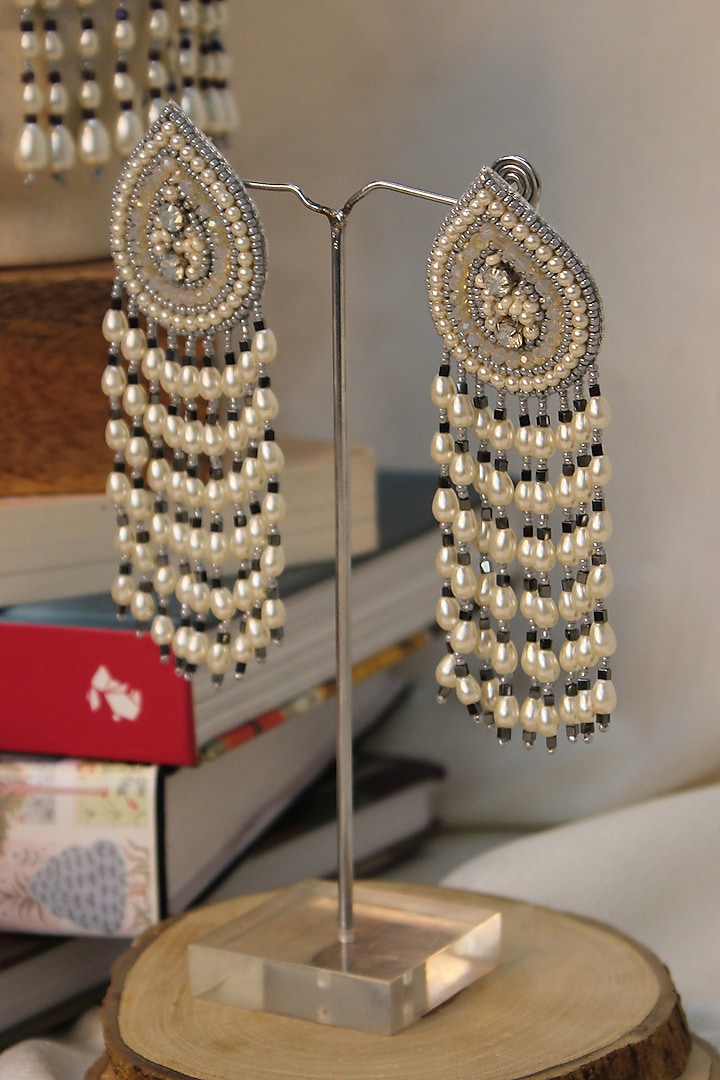 White Hand Embroidered Long Earrings by AMAMA