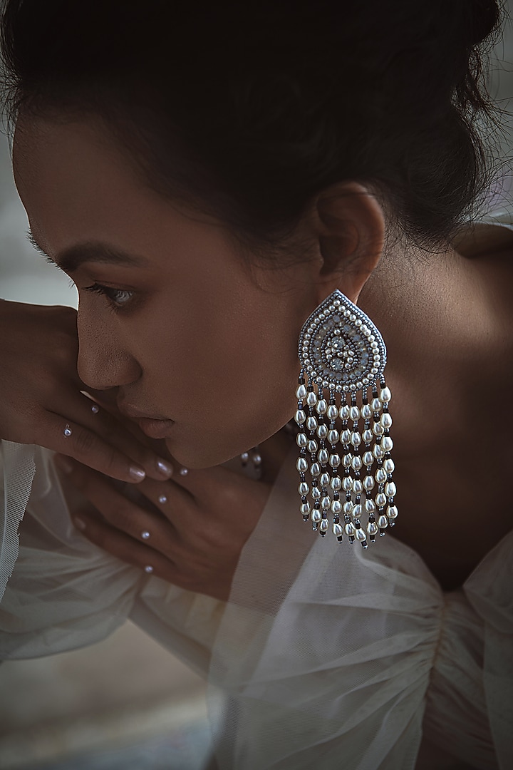 White Hand Embroidered Long Earrings by AMAMA at Pernia's Pop Up Shop