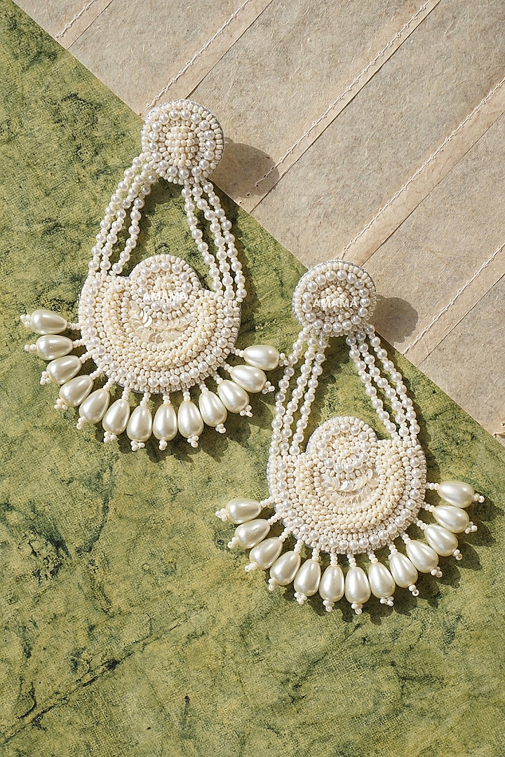 White Hand Embroidered Glass Earrings by AMAMA
