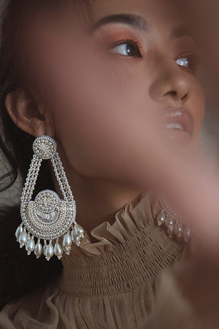 White Hand Embroidered Glass Earrings by AMAMA at Pernia's Pop Up Shop