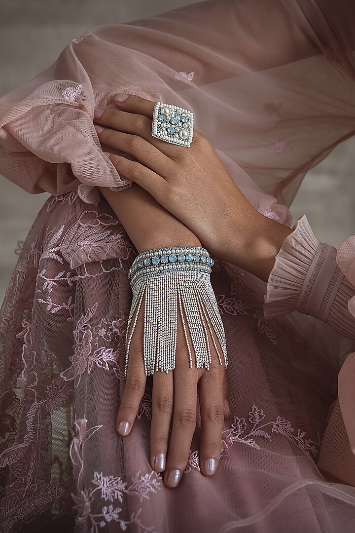 White Hand Embroidered Glass Bracelet by AMAMA at Pernia's Pop Up Shop