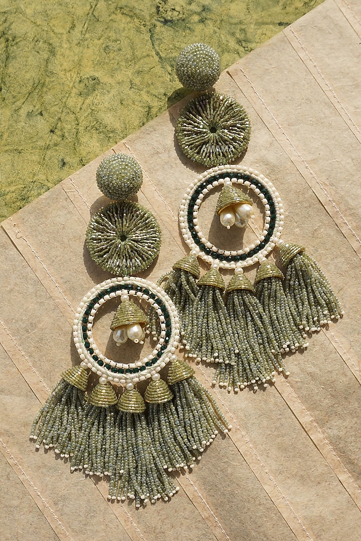 Green Glass Hand Embroidered Long Earrings by AMAMA