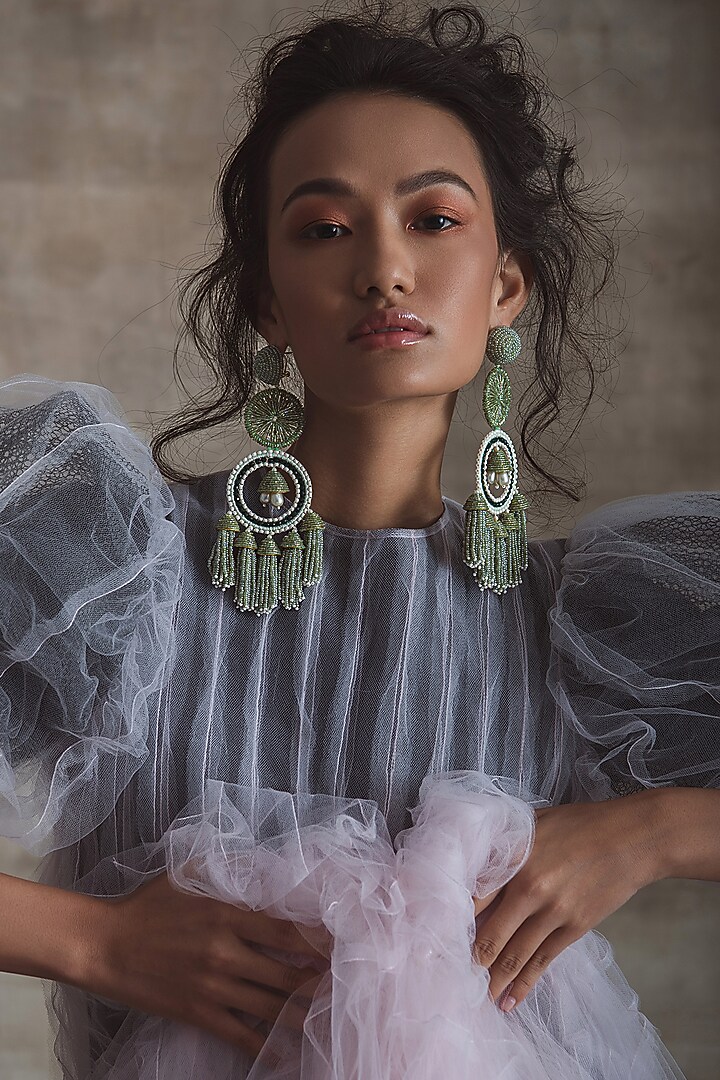 Green Glass Hand Embroidered Long Earrings by AMAMA at Pernia's Pop Up Shop