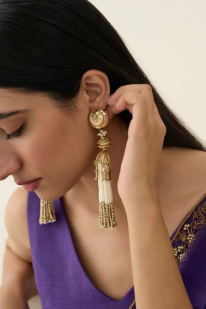 Gold Plated Faux Pearl Dangler Earrings by AMAMA at Pernia's Pop Up Shop