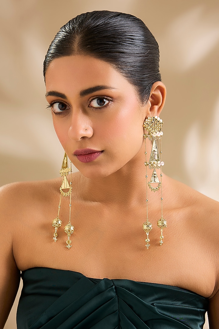 Gold Finish Kundan Polki & Pearl Dangler Earrings by AMAMA at Pernia's Pop Up Shop