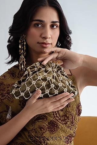 Gold Korean Velvet & Suede Zari Embroidered Bag by AMAMA