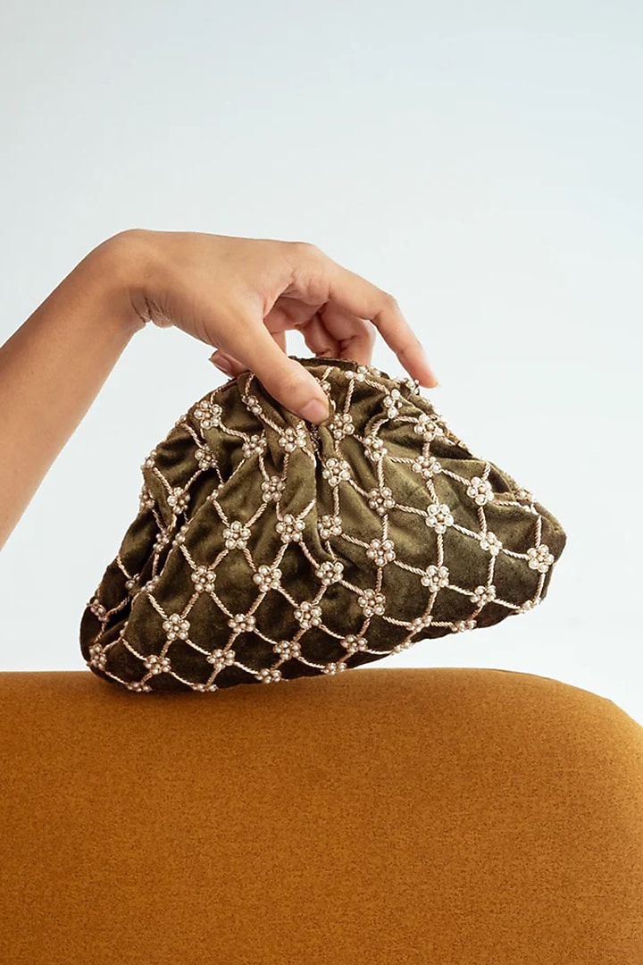 Gold Korean Velvet & Suede Zari Embroidered Bag by AMAMA at Pernia's Pop Up Shop