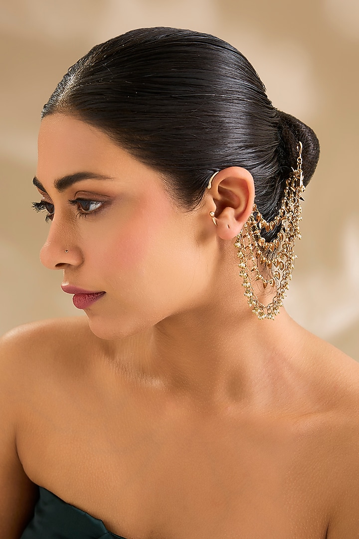 Gold Finish Kundan Polki Earchains by AMAMA at Pernia's Pop Up Shop