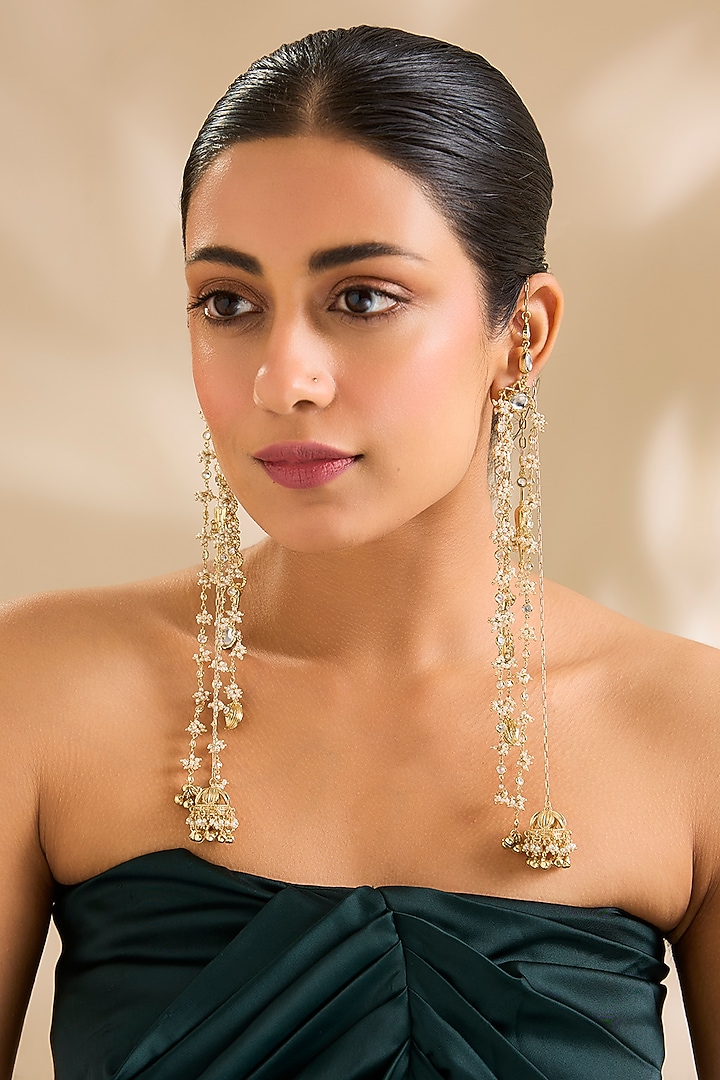 Gold Finish Kundan Polki & Pearl Dangler Earrings by AMAMA at Pernia's Pop Up Shop