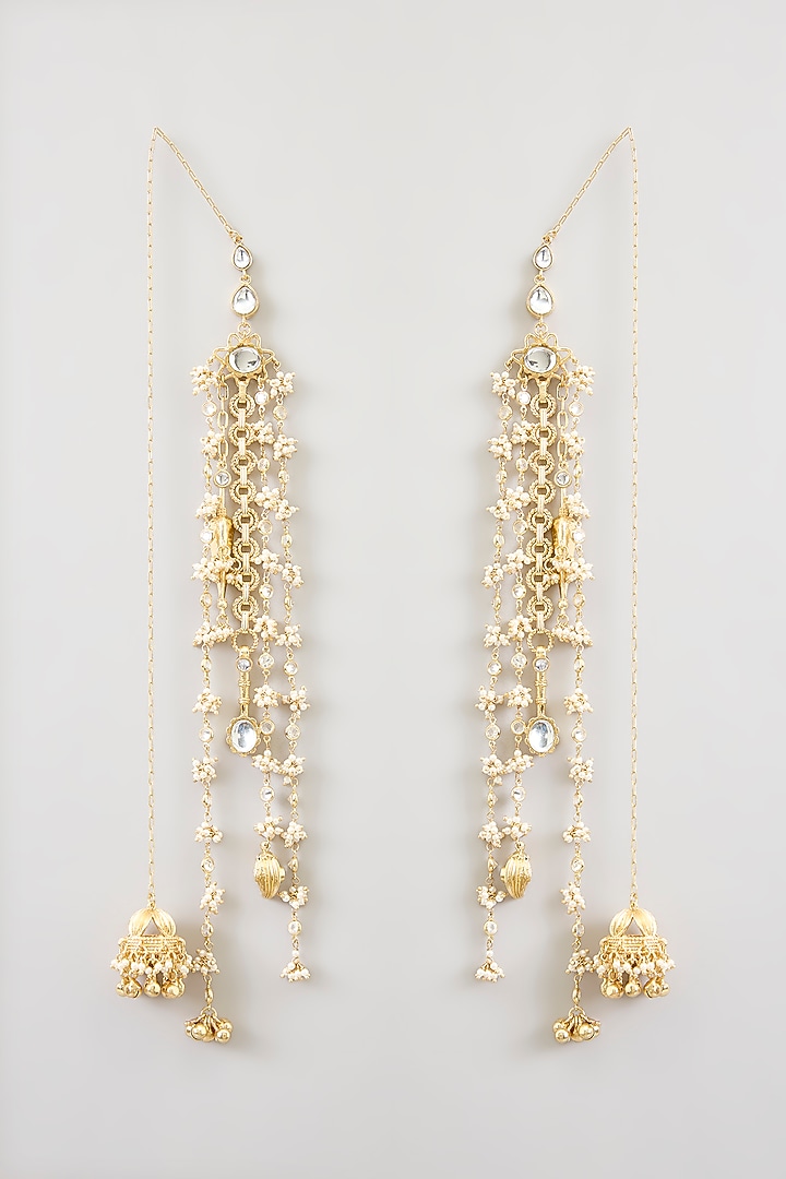 Gold Finish Kundan Polki & Pearl Dangler Earrings by AMAMA at Pernia's Pop Up Shop