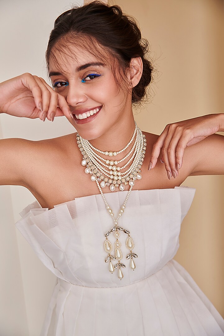 White Beads Embroidered Long Necklace by AMAMA at Pernia's Pop Up Shop