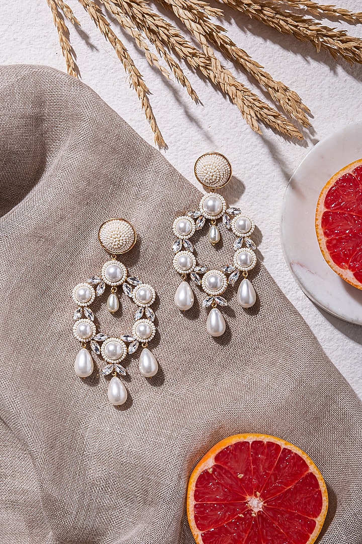 White Beads Embroidered Dangler Earrings by AMAMA at Pernia's Pop Up Shop