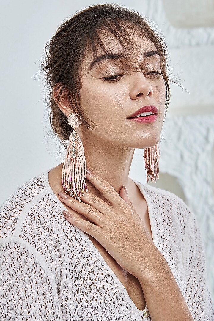 Pink Embroidered Dangler Earrings by AMAMA at Pernia's Pop Up Shop