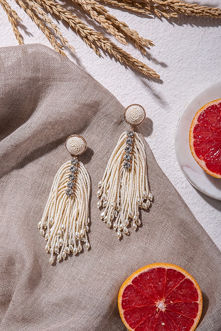 White Dangler Earrings With Beads Embroidery by AMAMA at Pernia's Pop Up Shop