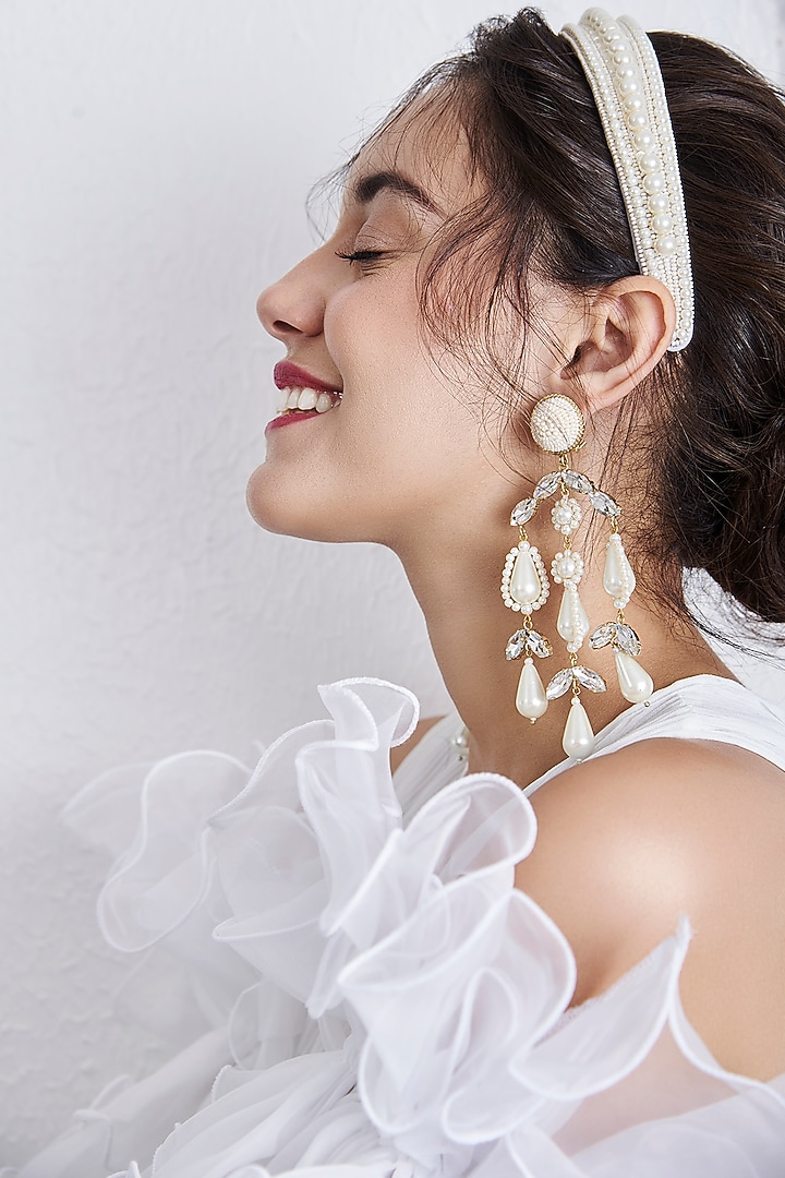 White Dangler Earrings With Embroidery by AMAMA at Pernia's Pop Up Shop