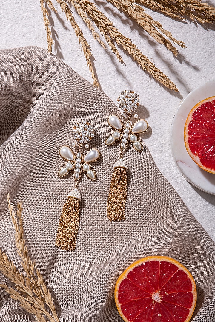White Earrings With Embroidery by AMAMA at Pernia's Pop Up Shop