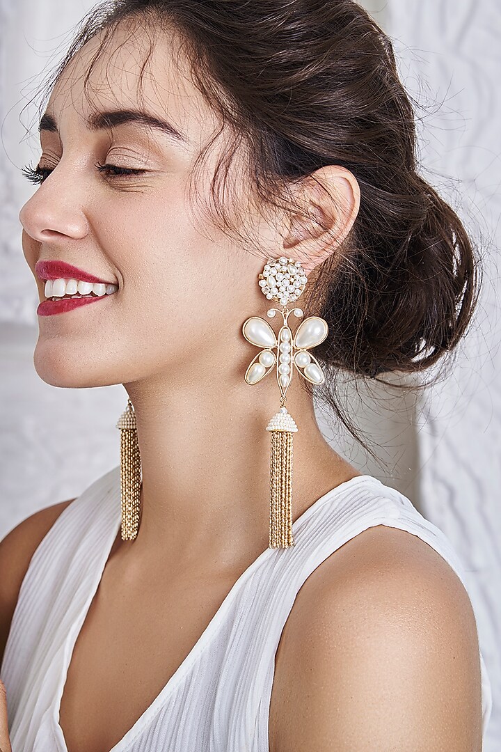 White Earrings With Embroidery by AMAMA at Pernia's Pop Up Shop
