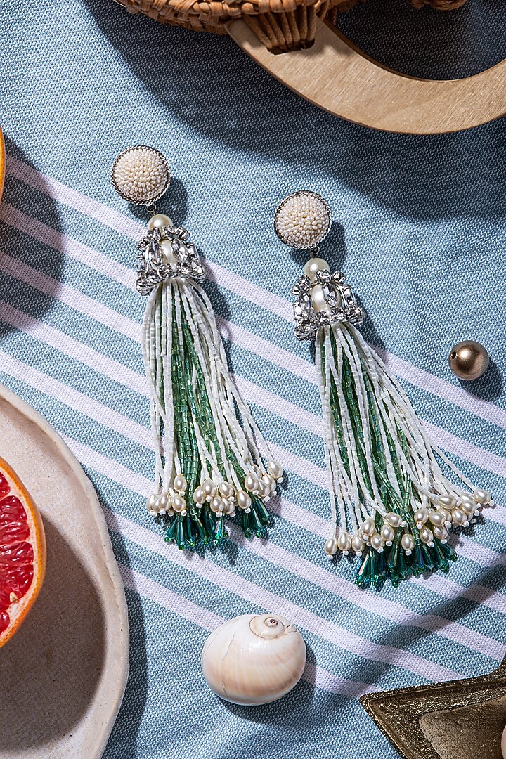 White Beads Embroidered Earrings by AMAMA at Pernia's Pop Up Shop