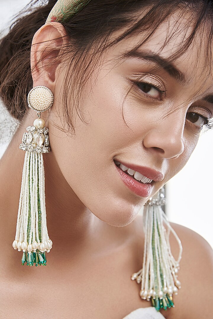 White Beads Embroidered Earrings by AMAMA at Pernia's Pop Up Shop