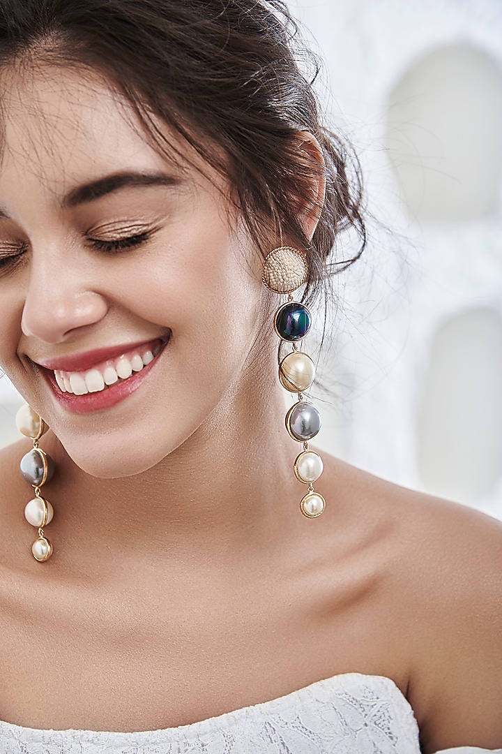 White Dangler Earring With Metal Work by AMAMA at Pernia's Pop Up Shop