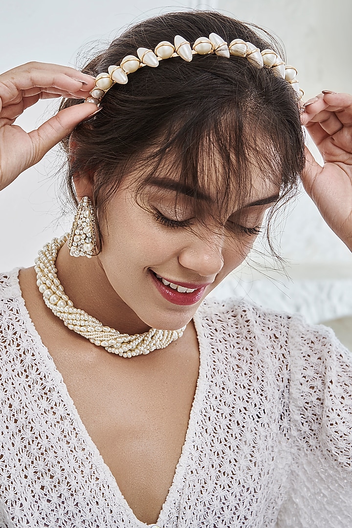 White Embroidered Hair Band by AMAMA at Pernia's Pop Up Shop