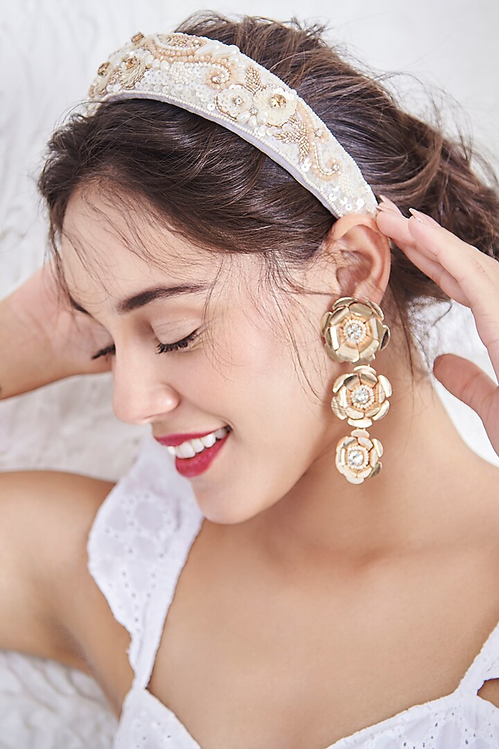 Gold Embroidered Dangler Earrings by AMAMA at Pernia's Pop Up Shop