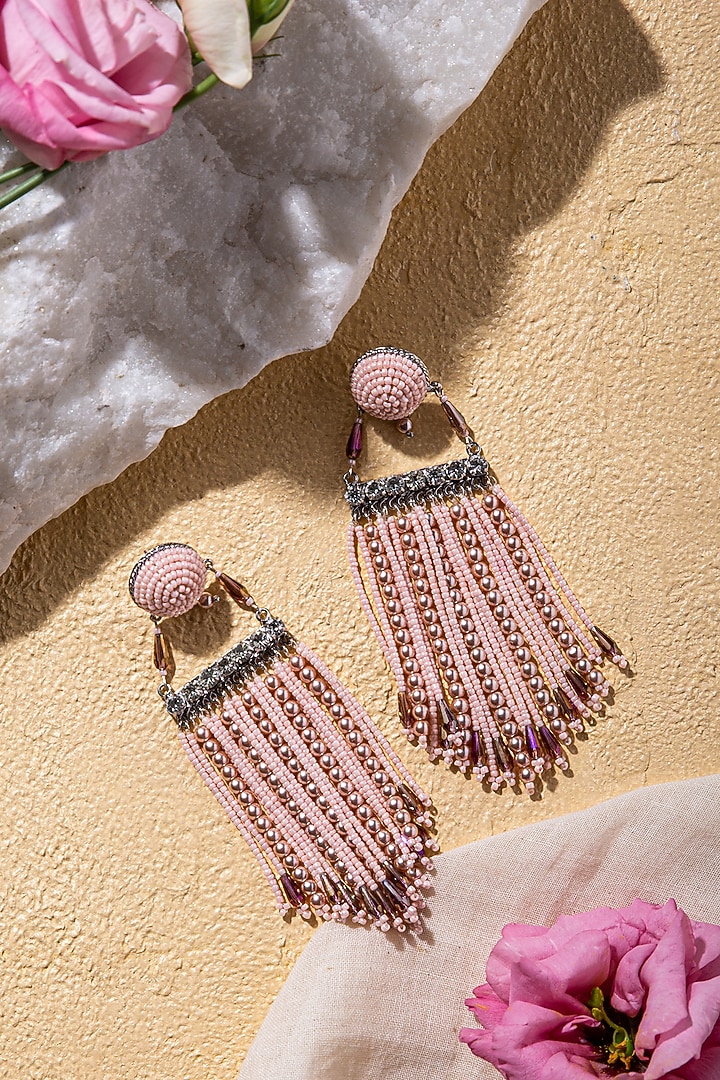 Pink Beads Embroidered Dangler Earrings by AMAMA at Pernia's Pop Up Shop