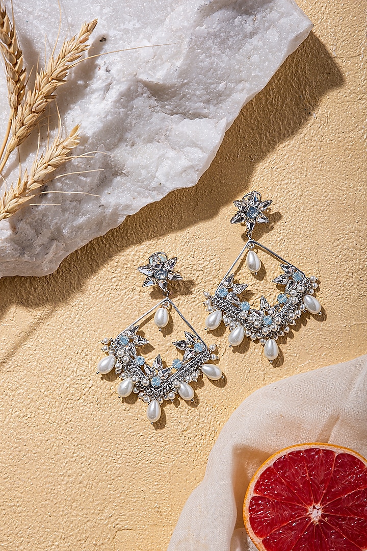 White Embroidered Dangler Earrings In Brass by AMAMA