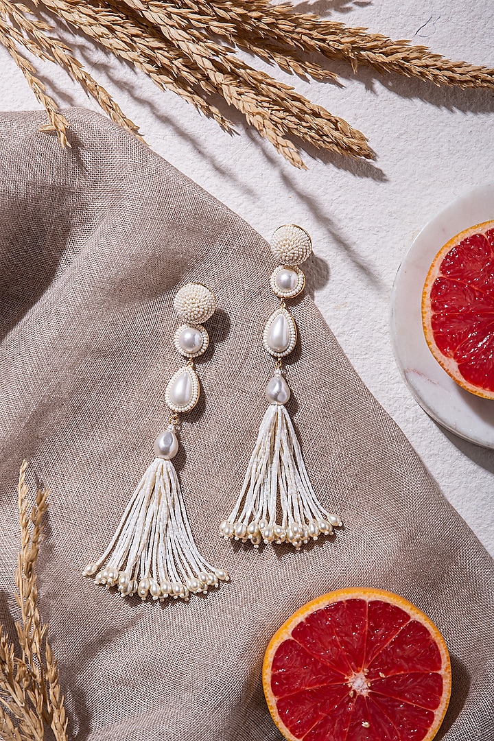 White Beads Embroidered Dangler Earrings In Brass by AMAMA