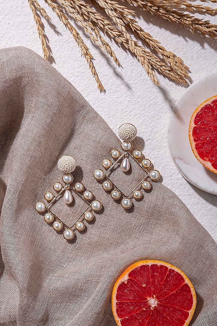 White Beads Embroidered Earrings In Brass by AMAMA