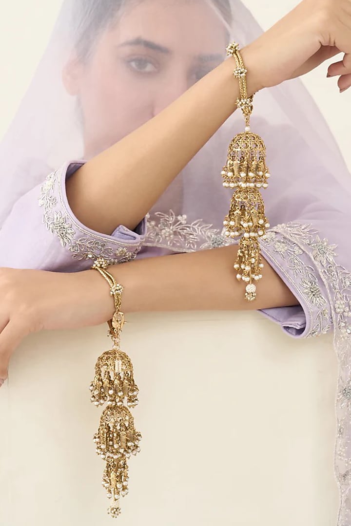 Antique Gold Plated Faux Pearl Kaleeras (Set Of 2) by AMAMA at Pernia's Pop Up Shop