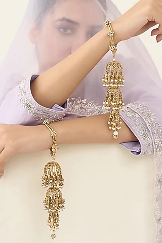 Antique Gold Plated Faux Pearl Kaleeras (Set Of 2) by AMAMA
