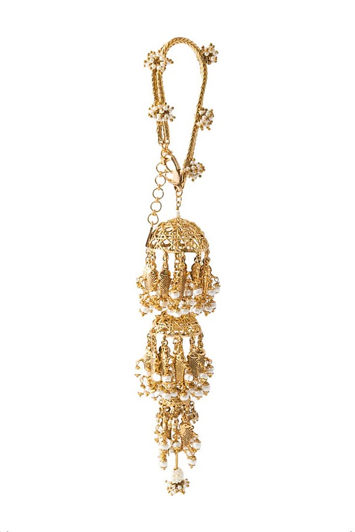Antique Gold Plated Faux Pearl Kaleeras (Set Of 2) by AMAMA at Pernia's Pop Up Shop