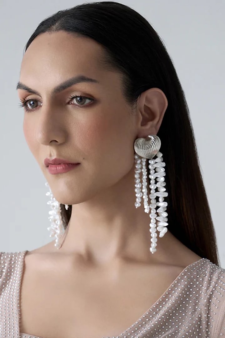 Silver Chrome Finish Faux Pearl Dangler Earrings by AMAMA at Pernia's Pop Up Shop