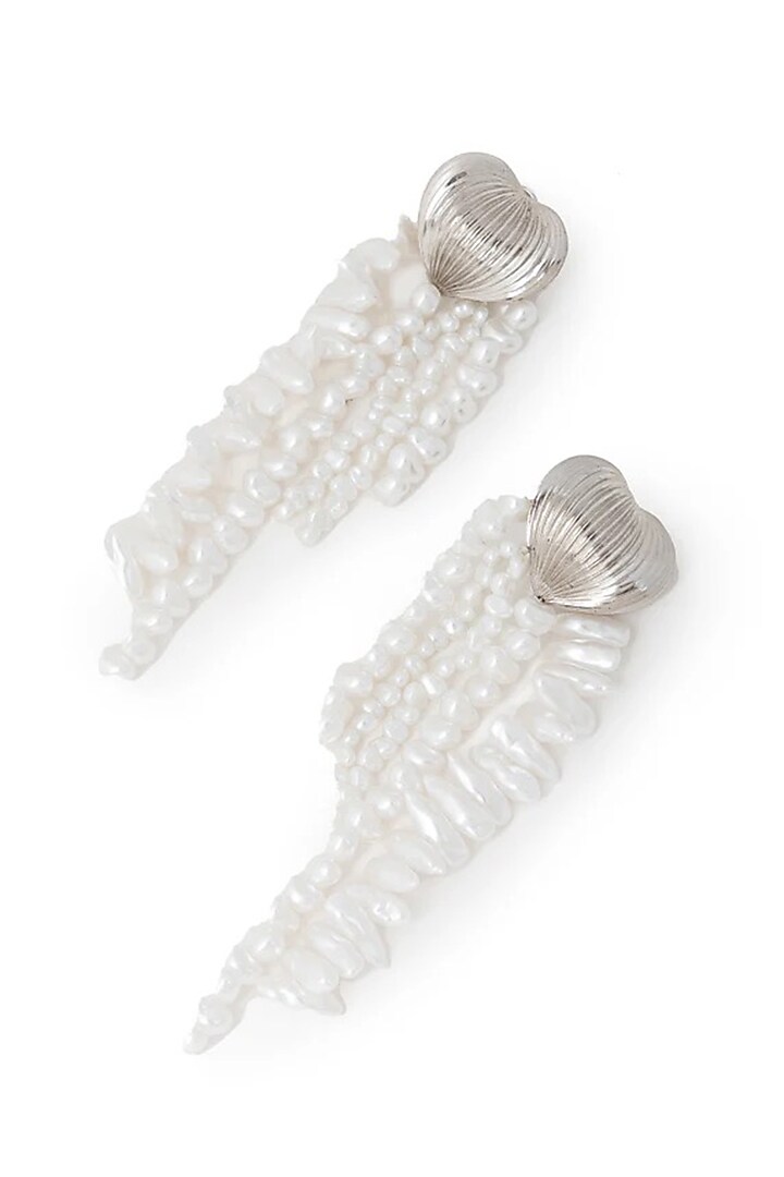 Silver Chrome Finish Faux Pearl Dangler Earrings by AMAMA at Pernia's Pop Up Shop
