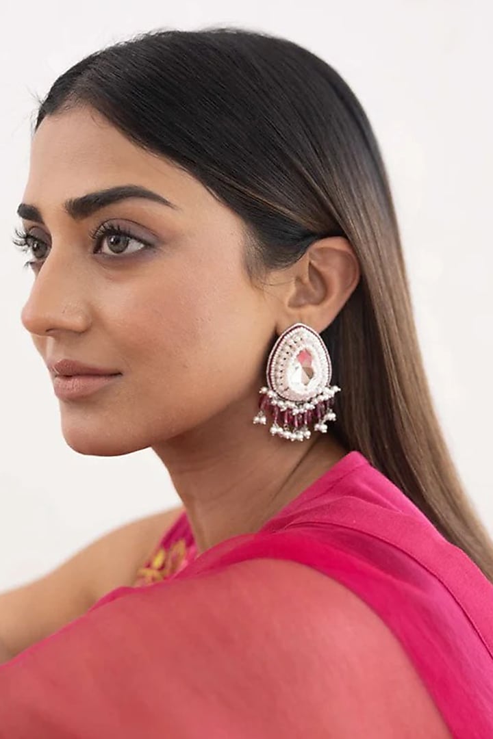 White Finish Pink Stone Dangler Earrings by AMAMA at Pernia's Pop Up Shop