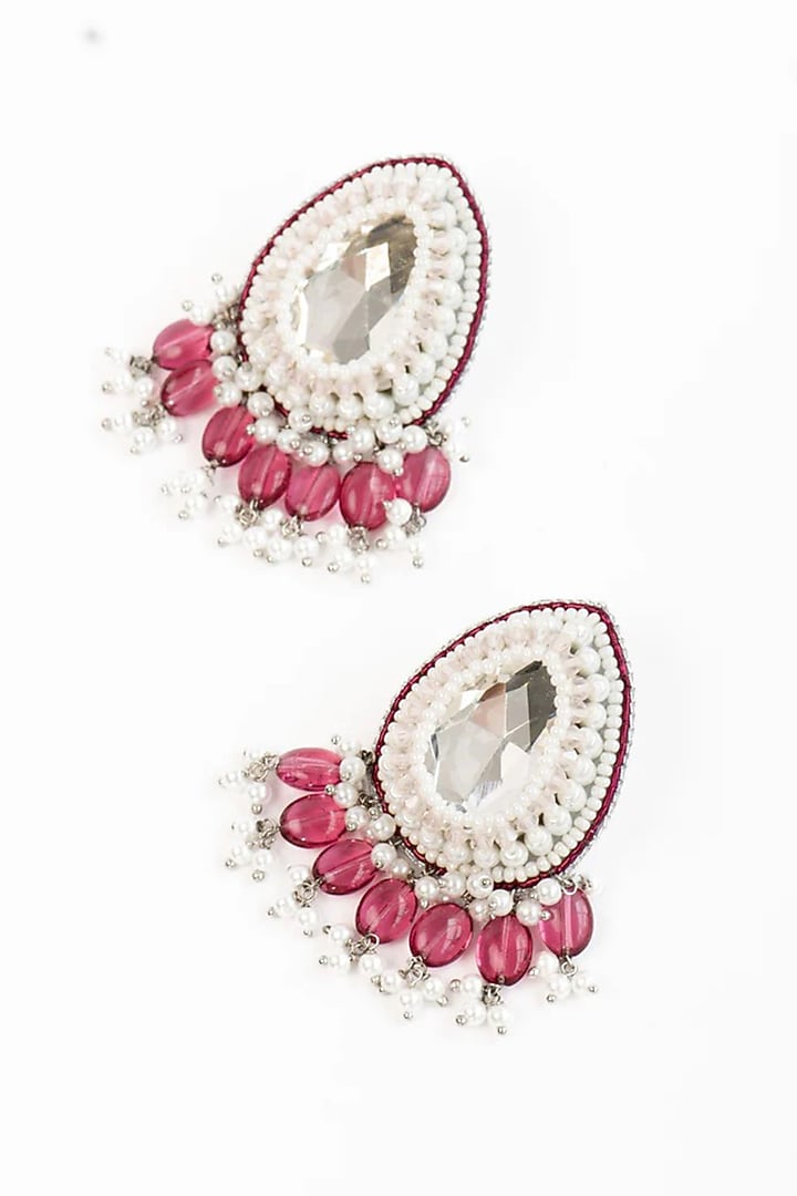 White Finish Pink Stone Dangler Earrings by AMAMA at Pernia's Pop Up Shop