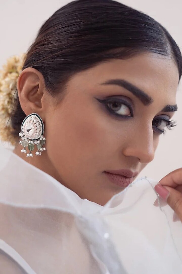 White Finish Green Stone Dangler Earrings by AMAMA at Pernia's Pop Up Shop