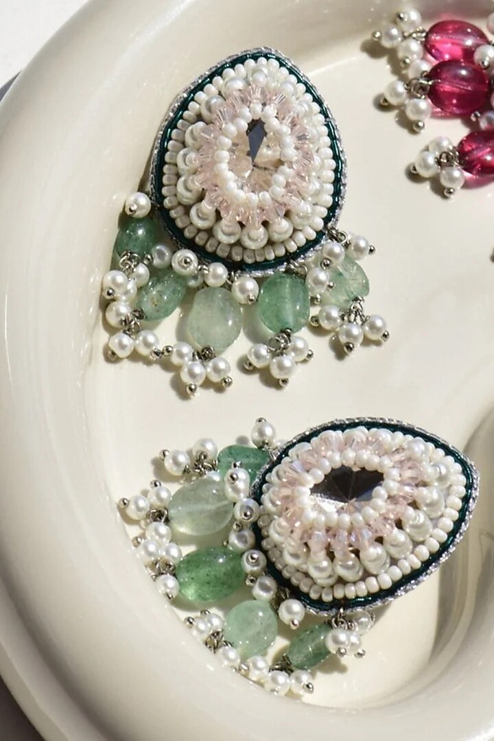 White Finish Green Stone Dangler Earrings by AMAMA at Pernia's Pop Up Shop