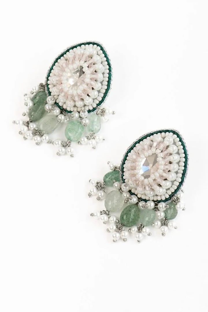 White Finish Green Stone Dangler Earrings by AMAMA at Pernia's Pop Up Shop