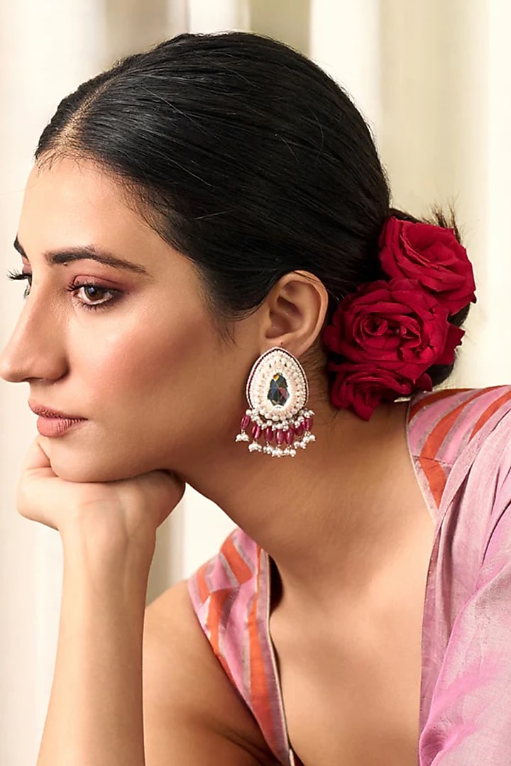 White Finish Red Stone Dangler Earrings by AMAMA at Pernia's Pop Up Shop