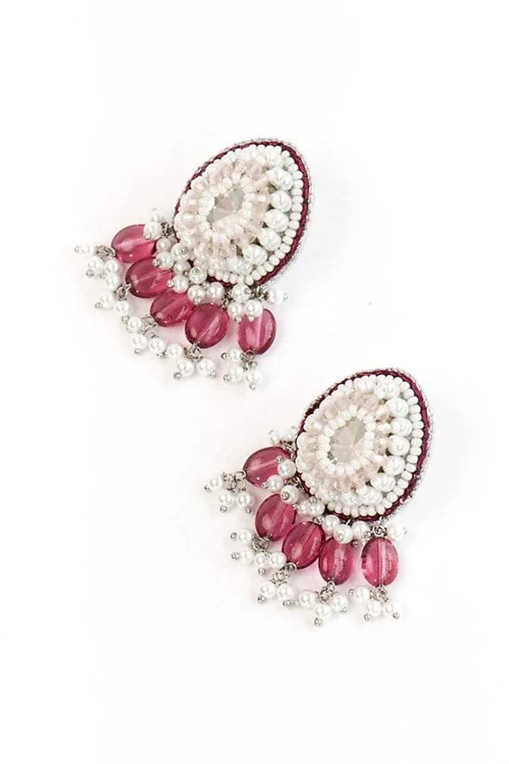 White Finish Red Stone Dangler Earrings by AMAMA at Pernia's Pop Up Shop