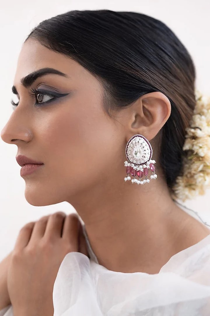 White Finish Red Stone Dangler Earrings by AMAMA at Pernia's Pop Up Shop
